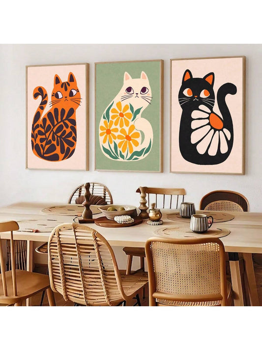 Bohemian Cat Art Collection: 3-Piece Set for Elegant Home Decor