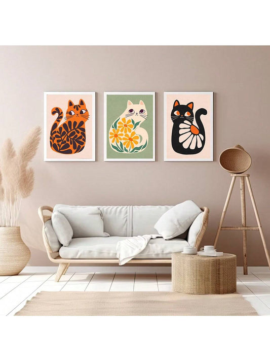 Feline Frenzy: 3-Piece Bohemian Cat Art Prints Set for Purr-fect Home Decor