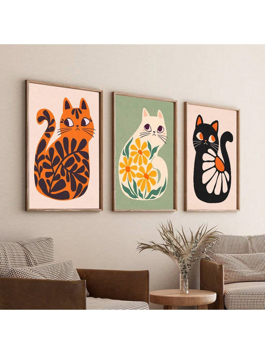 Feline Frenzy: 3-Piece Bohemian Cat Art Prints Set for Purr-fect Home Decor