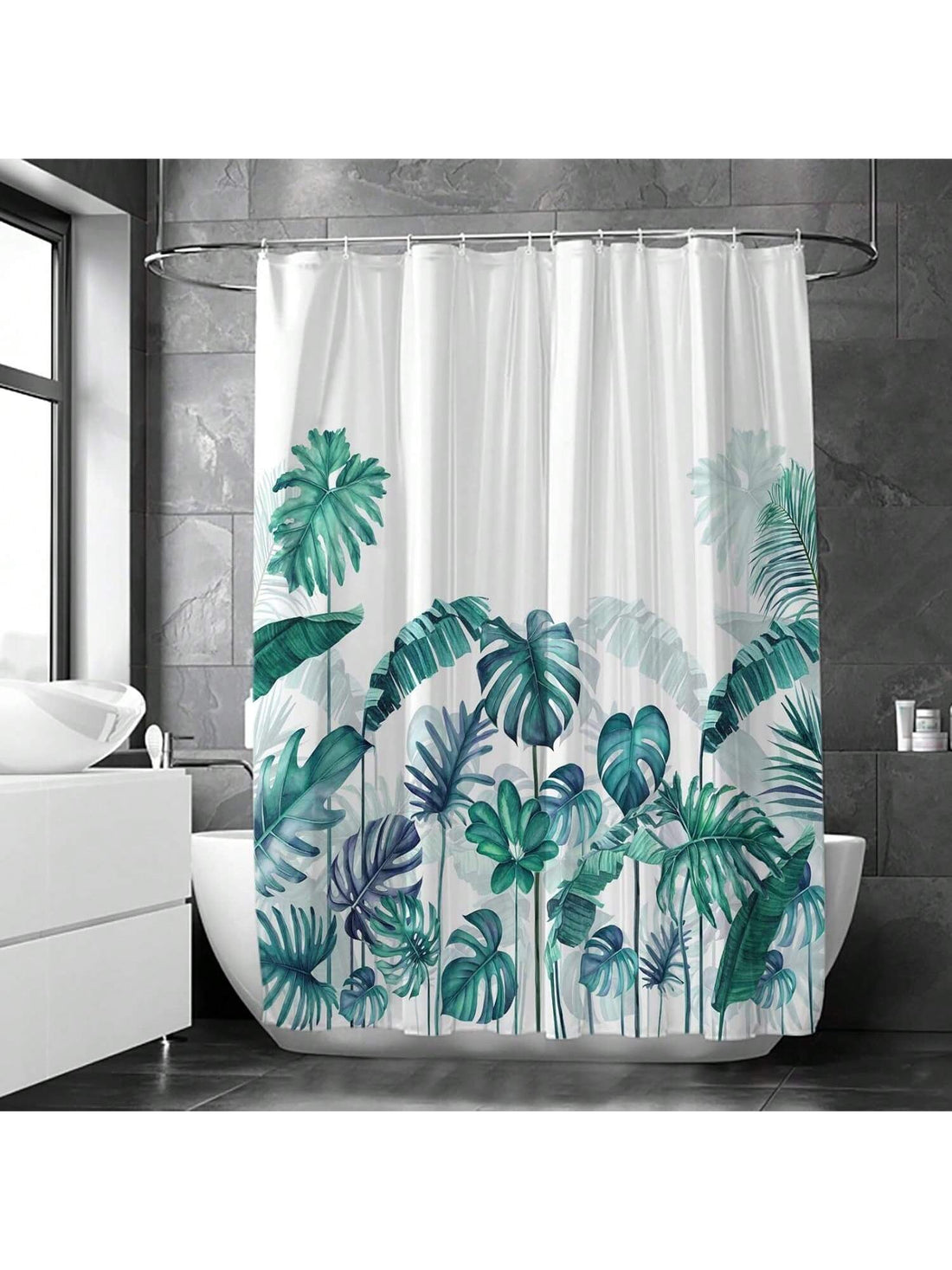 Experience a tropical paradise in your own bathroom with our Green Banana Leaf Printed Shower Curtain. Made with high-quality material, this curtain features a vibrant and eye-catching design that will elevate any bathroom decor.