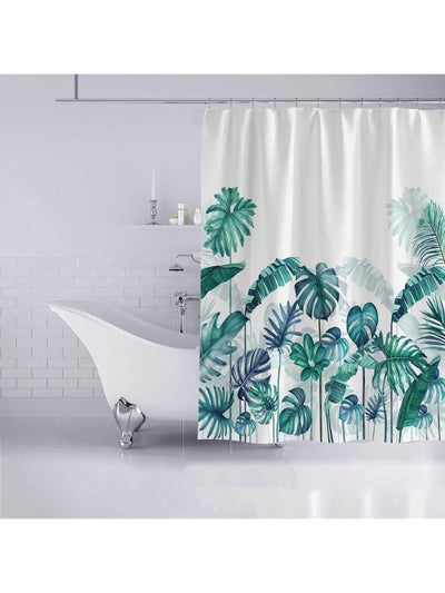 Tropical Paradise: Green Banana Leaf Printed Shower Curtain with 12 Plastic Hooks