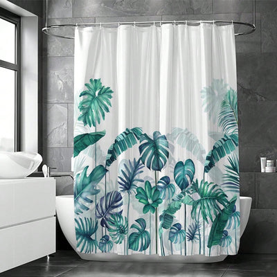 Tropical Paradise: Green Banana Leaf Printed Shower Curtain with 12 Plastic Hooks