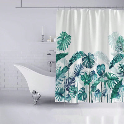 Tropical Paradise: Green Banana Leaf Printed Shower Curtain with 12 Plastic Hooks