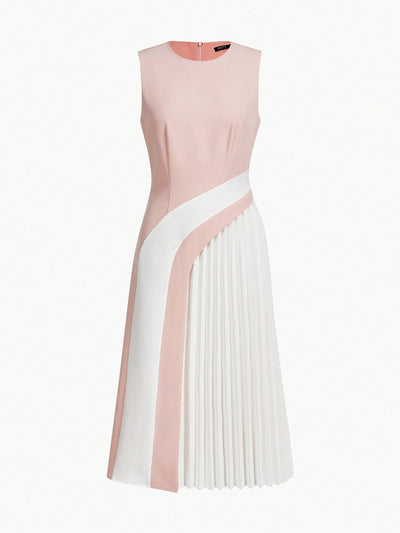 Modern Chic: Sleeveless Pleated Dress with Premium Color Block Design