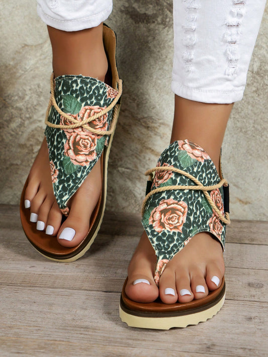 Floral Fantasy: Women's Cross-Strap Flat Sandals for Beach Vacation