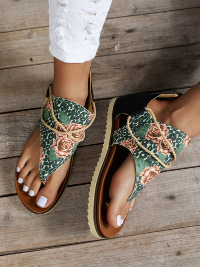 Floral Fantasy: Women's Cross-Strap Flat Sandals for Beach Vacation