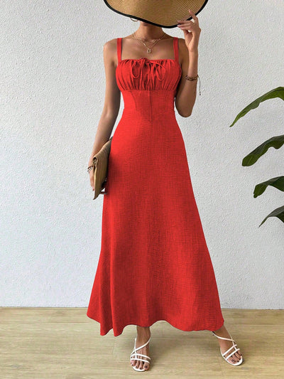 Chic Summer Essential: Solid Color Square Neck Waist-Cinched Dress