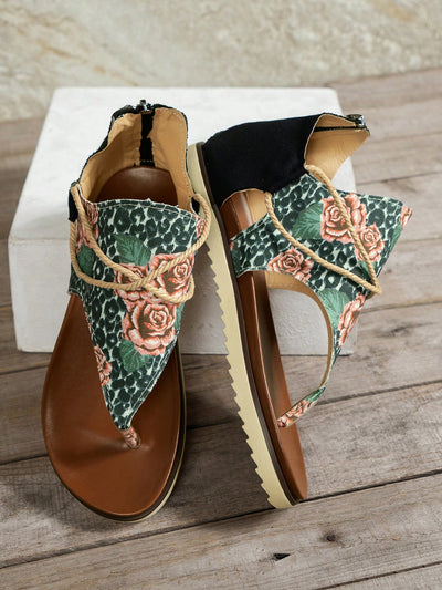 Floral Fantasy: Women's Cross-Strap Flat Sandals for Beach Vacation