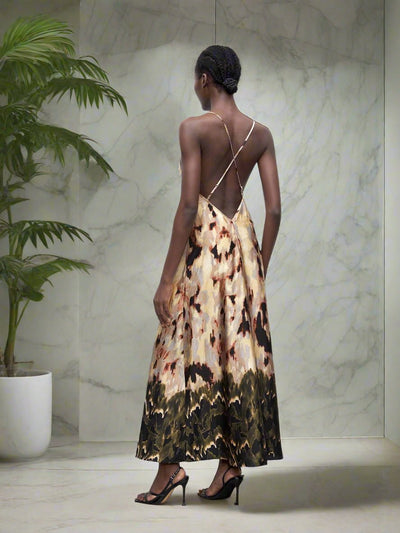 Blooming Beauty: Backless Draped Neck Long Floral Print Dress