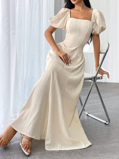 Elegant Summer Solid Square Neck Bishop Sleeve Dress for Women