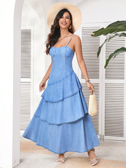 Chic Summer Vibes: Blue Denim Ruffle Trim Tiered Holiday Dress (Copy)