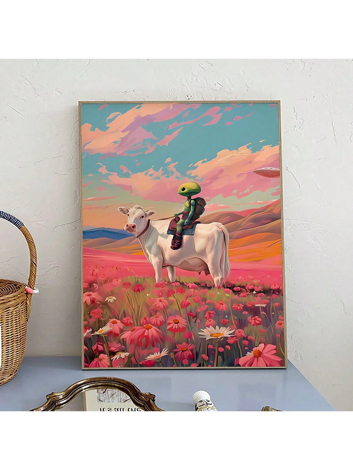 Add a unique touch to your bedroom or living room decor with the Moo-nique Alien Art: UFO Canvas Poster with Cows. This one-of-a-kind poster features a playful and whimsical design that will surely catch anyone's attention. Made with high-quality canvas, it is durable and long-lasting.