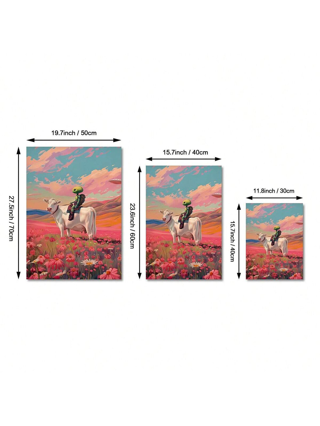 Add a unique touch to your bedroom or living room decor with the Moo-nique Alien Art: UFO Canvas Poster with Cows. This one-of-a-kind poster features a playful and whimsical design that will surely catch anyone's attention. Made with high-quality canvas, it is durable and long-lasting.