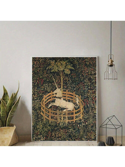 Whimsical Unicorn in Captivity – Fantasy Canvas Poster for Enchanting Home Decor