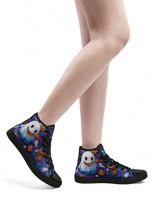 Spooky Chic: Halloween Ghost Pumpkin Women's High Top Canvas Shoes