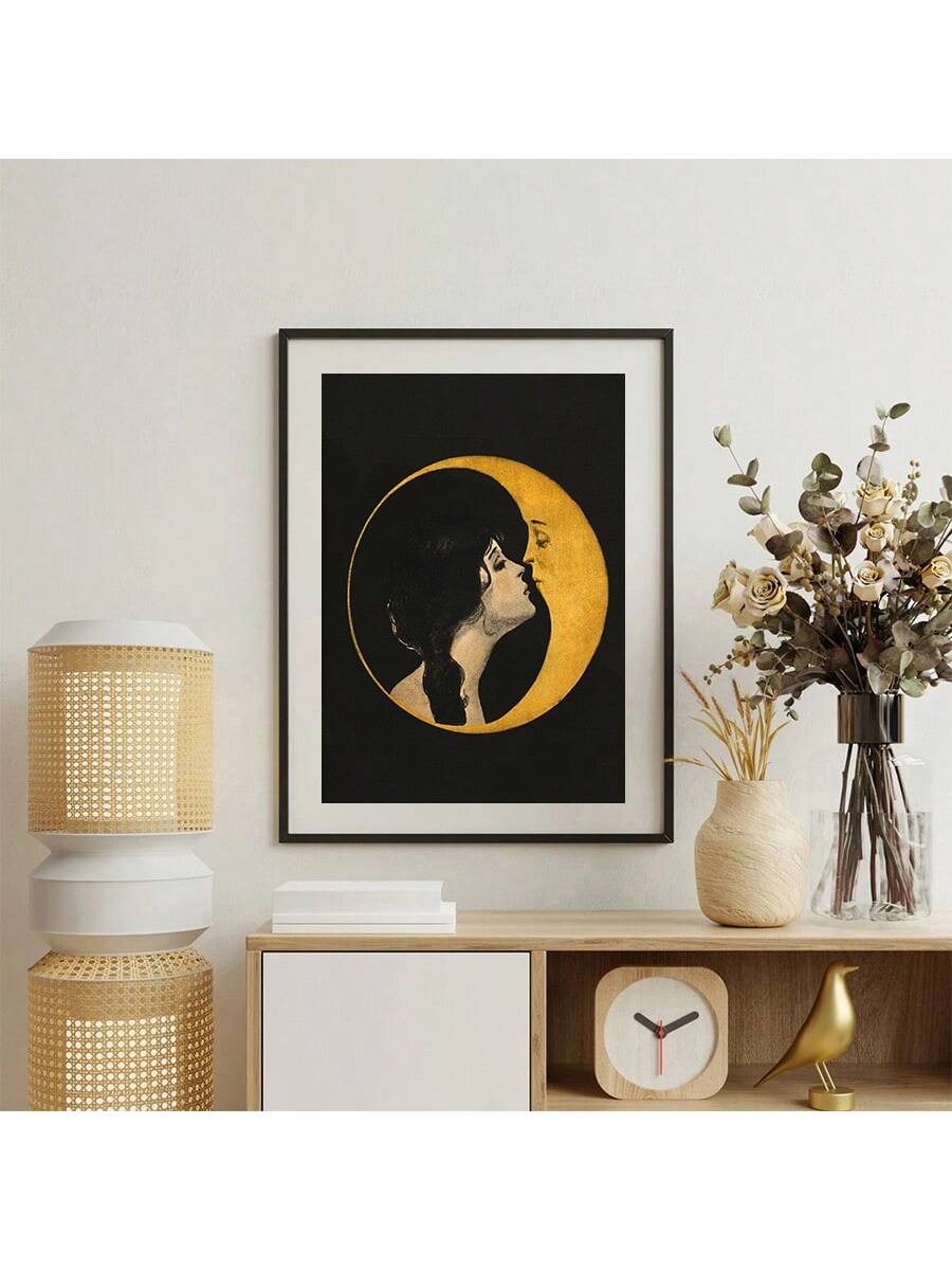 Add a touch of whimsy to your space with this unframed retro music-themed canvas print. Featuring a charming woman kissing the moon, it brings a playful and dreamy vibe perfect for bedrooms or living rooms. Its vibrant design sparks imagination and adds a unique artistic flair to your decor. Easy to frame and display, this canvas print invites you to celebrate music and moonlight in style.