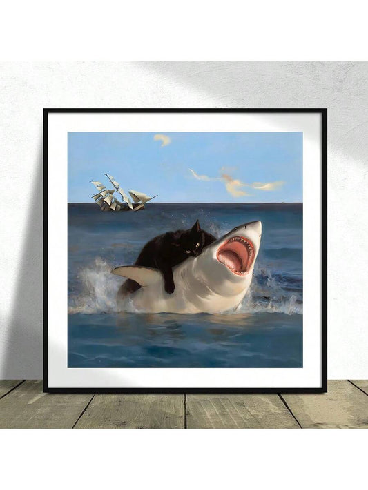 Whimsical Fat Cat and Shark Emoticon Canvas Print - Eclectic Renaissance Style Wall Art Decor for Bedroom and Living Room