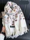 Cozy Chic: Women's Embroidered Faux Cashmere Hooded Poncho Scarf with Tassels