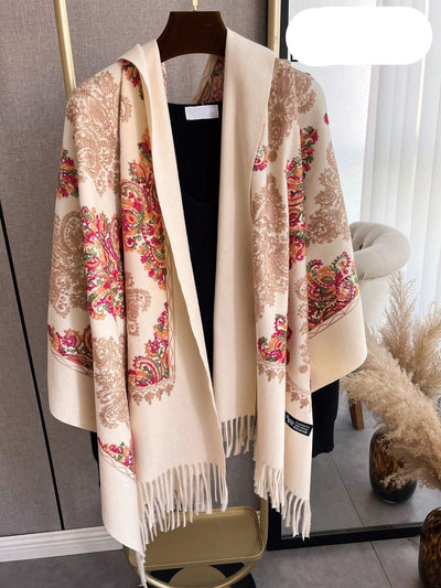 Cozy Chic: Women's Embroidered Faux Cashmere Hooded Poncho Scarf with Tassels