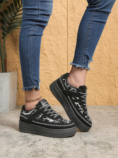 Chic Black Printed Sneakers: Elevate Your Style and Height with Waterproof Platform Casual Shoes