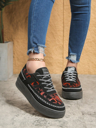 Chic Black Printed Sneakers: Elevate Your Style and Height with Waterproof Platform Casual Shoes