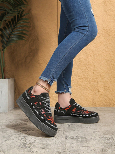 Chic Black Printed Sneakers: Elevate Your Style and Height with Waterproof Platform Casual Shoes