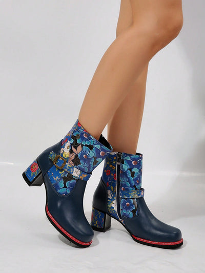 Floral Patterned Western Ankle Boots: Chunky Heel & Side Zipper