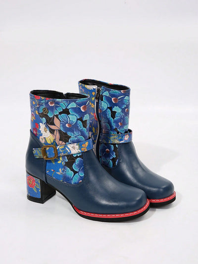 Floral Patterned Western Ankle Boots: Chunky Heel & Side Zipper