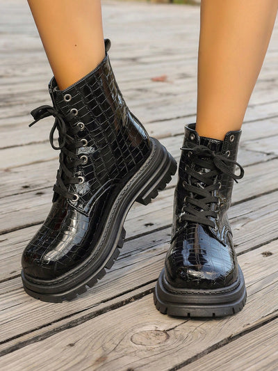 Black Shiny Crocodile Ankle Boots: Step up your Style Game with Youthful Lace-Up Design and Thick Soles