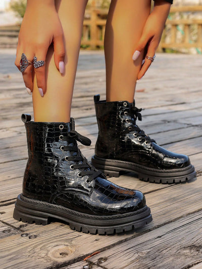 Black Shiny Crocodile Ankle Boots: Step up your Style Game with Youthful Lace-Up Design and Thick Soles