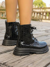 Black Shiny Crocodile Ankle Boots: Step up your Style Game with Youthful Lace-Up Design and Thick Soles