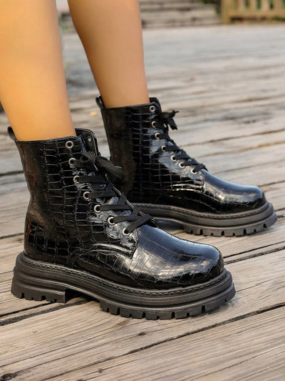 Black Shiny Crocodile Ankle Boots: Step up your Style Game with Youthful Lace-Up Design and Thick Soles