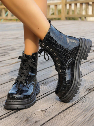 Black Shiny Crocodile Ankle Boots: Step up your Style Game with Youthful Lace-Up Design and Thick Soles