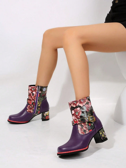 Western Chic: Printed Leather Patchwork Ankle Boots with Metal Buckle Detail