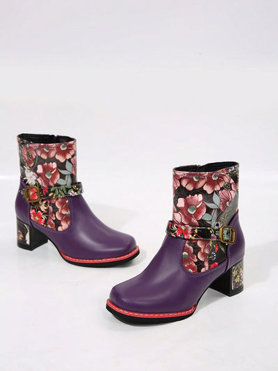 Western Chic: Printed Leather Patchwork Ankle Boots with Metal Buckle Detail