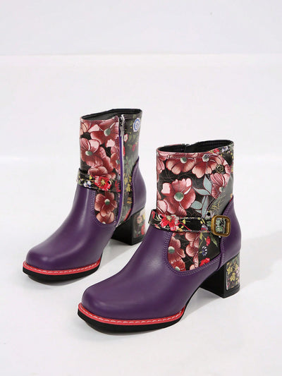 Western Chic: Printed Leather Patchwork Ankle Boots with Metal Buckle Detail