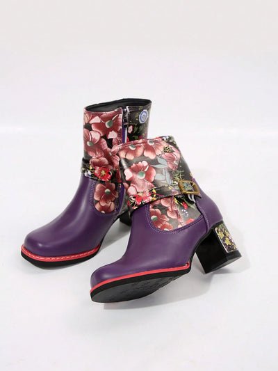 Western Chic: Printed Leather Patchwork Ankle Boots with Metal Buckle Detail