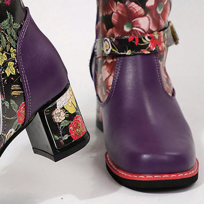 Western Chic: Printed Leather Patchwork Ankle Boots with Metal Buckle Detail