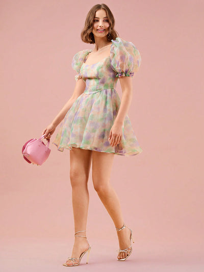 Vibrant Tie-Dye Puff Sleeve Dress - Embrace Bold Colors and Chic Style!