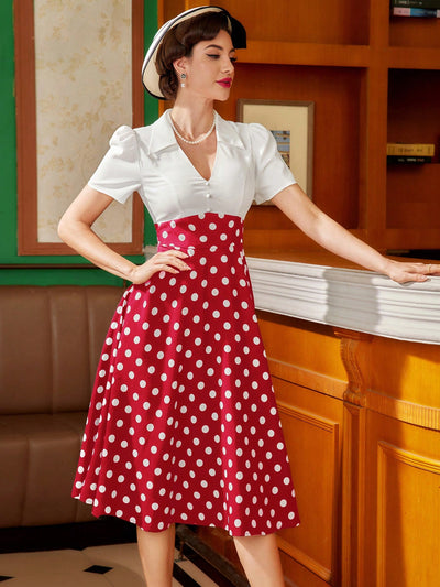 Chic Vintage Polka Dot Swing Dress - Elegant Black & White V-Neck Collared Style for Effortless Summer Sophistication