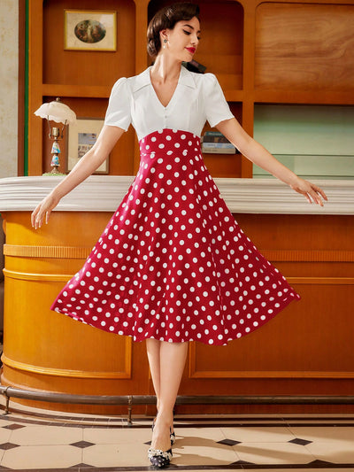 Chic Vintage Polka Dot Swing Dress - Elegant Black & White V-Neck Collared Style for Effortless Summer Sophistication