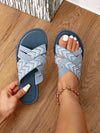 Elevate your vacation style with our Blue Vacation Chic flat sandals. Featuring a cross-strapped design, these sandals provide both support and style. Made with soft and durable materials, these sandals will keep your feet comfortable and stylish throughout your travels. Perfect for any summer adventure.