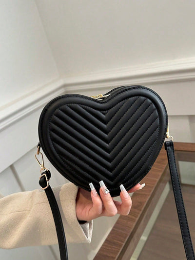 Romantic Heart-Shaped Crossbody Bag with V-Shaped Embossed Pattern - Perfect for Women