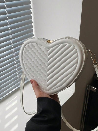 Romantic Heart-Shaped Crossbody Bag with V-Shaped Embossed Pattern - Perfect for Women