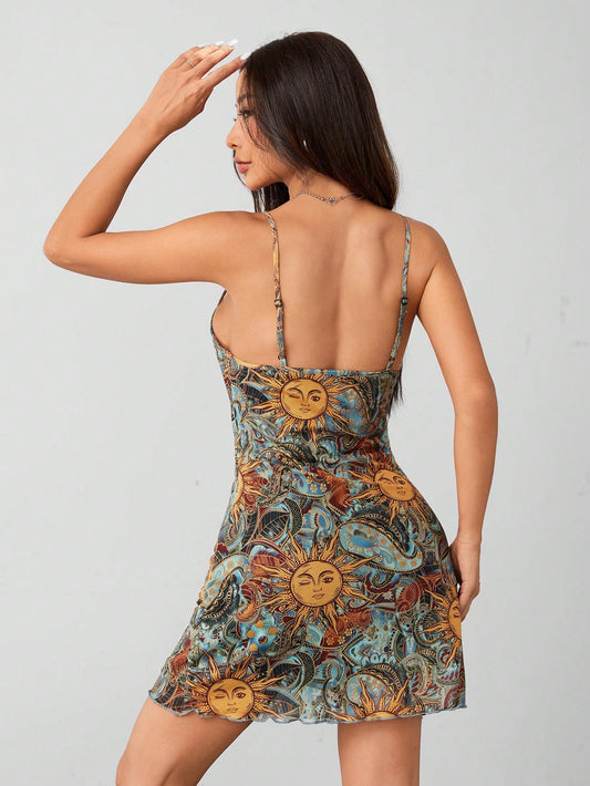 Vintage Vibes: Retro Sun Face Print Spaghetti Strap Sundress