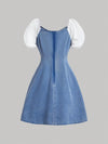 Chic Vintage Denim Dress with Sweetheart Neckline & Bow Detail – Perfect for Birthdays & Back-to-School