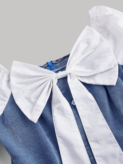 Chic Vintage Denim Dress with Sweetheart Neckline & Bow Detail – Perfect for Birthdays & Back-to-School