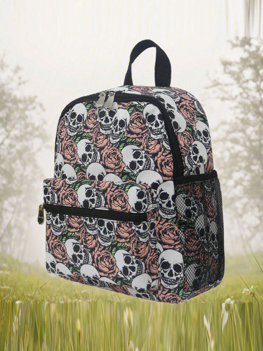 Skull Rose Print Backpack: Stylish and Spacious Waterproof Multi-Functional Travel Bag