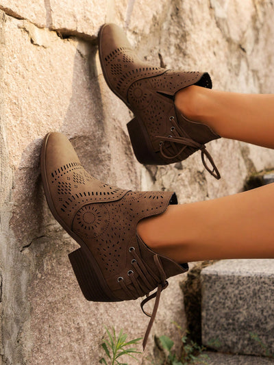 Chic Hollow-Out Back Lace-Up Wedge Heels - Breathable All-Match Boots for Effortless Style