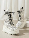 White Spider Embroidered Thick-Soled Boots: High Heel Mid-Calf Boots for Women